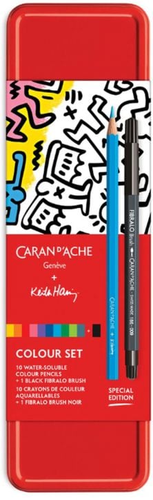Комплект моливи Caran D'Ache - Keith Haring, 10 цвята и маркер Fibralo