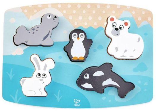 Дървен пъзел Hape - Пипни и разпознай полярни животни