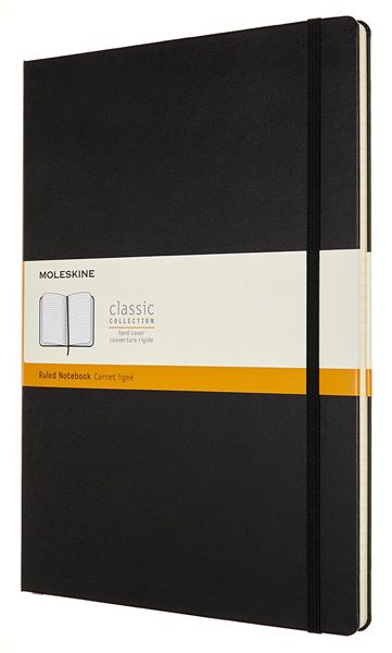 Черен тефтер Moleskine Classic Black в размер A4 с твърди корици и листа на широки редове