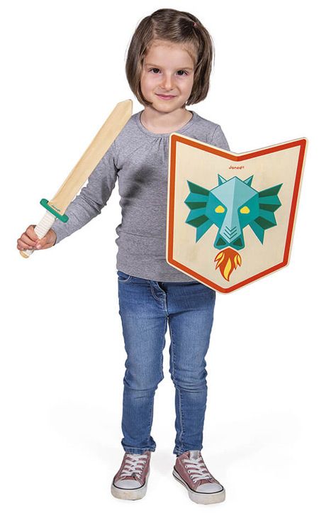 Детски комплект Janod - Дървени меч и щит, дракон