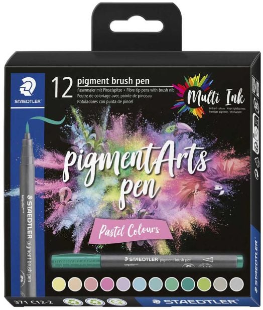 Комплект маркери Staedtler Pigment Brush Pen 371, 12 пастелни цвята