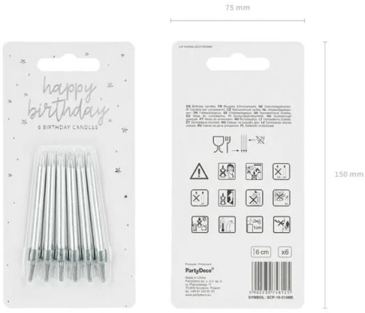 Свещи за рожден ден PartyDeco - Сребърни, 6 бр.