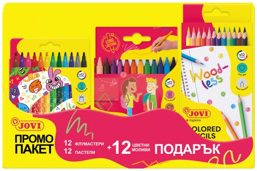 Комплект Jovi - Флумастери, пастели и цветни моливи, 12 цвята