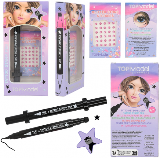 Комплект за татуировки с писалка, брокат и камъни Top Model, асортимент