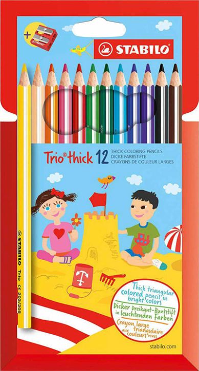 Комплект цветни моливи Stabilo Trio Thick, 12 цвята + острилка
