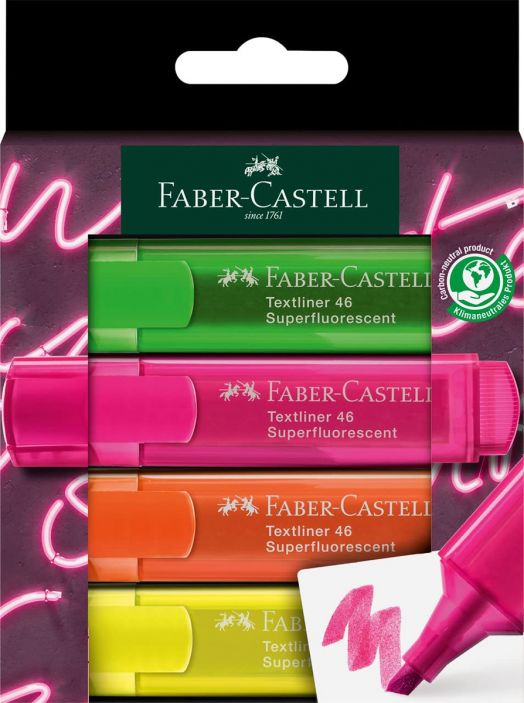 Комплект текстмаркери Faber-Castell, 4 неонови цвята, в картонена кутия