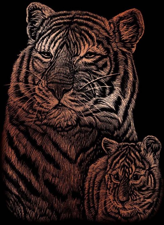 Комплект за гравиране Royal & Langnickel - Медна основа - тигри, 13 x 18 см.