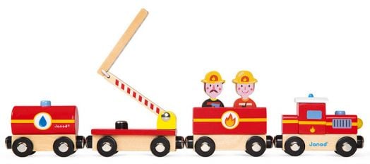 Дървена магнитна играчка Janod - Влак, пожарна команда