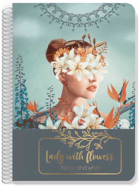 Тетрадка Black & White Lady With Flowers А4 със спирала, 120 листа - широки редове