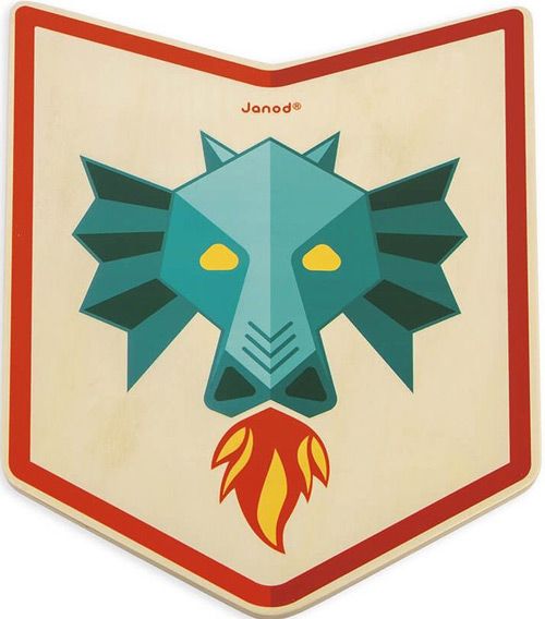 Детски комплект Janod - Дървени меч и щит, дракон