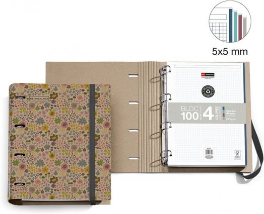 Папка Miquelrius Ecoflowers със 100 листа на малки квадратчета, 4 ринга и ластик