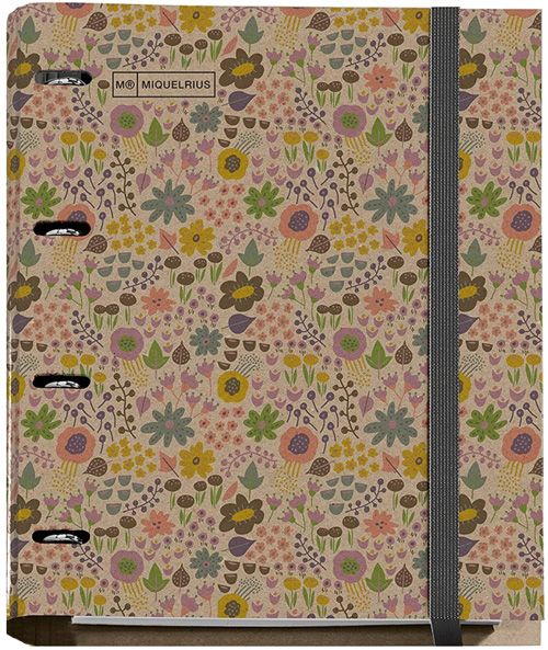 Папка Miquelrius Ecoflowers със 100 листа на малки квадратчета, 4 ринга и ластик