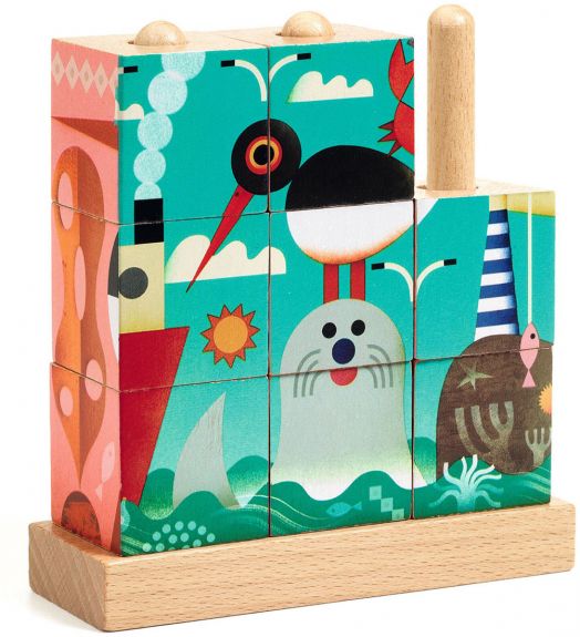 Дървени кубчета за нанизване Djeco - Puzz Up Sea