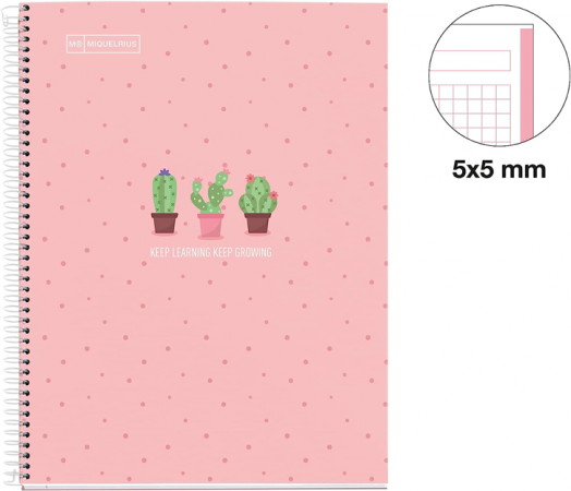Тетрадка Miquelrius Cactus A4 със спирала, 80 листа, малки квадратчета, розова