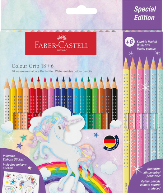 Цветни моливи Faber-Castell Grip Sparkle, 18+6 цвята