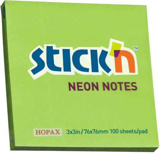 Самозалепващи неонови листчета Stick'n, зелени, 76 х 76 мм, 100 бр.