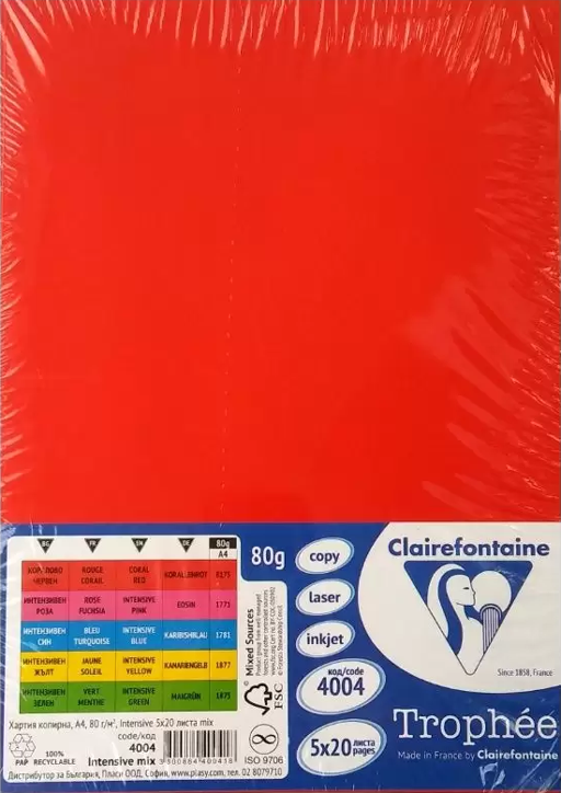 Цветна копирна хартия Clairefontaine, 5 х 20 листа в интензивни тонове