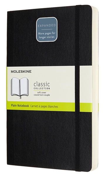 Черен тефтер Moleskine Classic Notebook Plain Expanded Version Black с меки корици и бели нелинирани листа