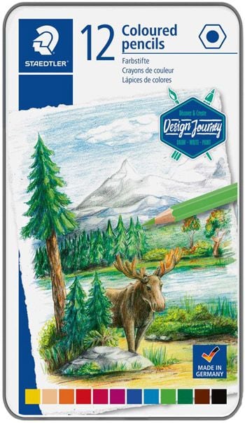Комплект цветни моливи в метална кутия Staedtler Design Journey, 12 цвята