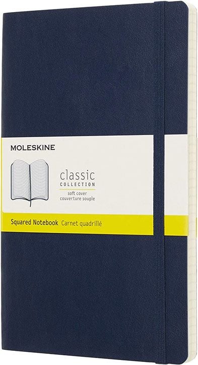 Класически син тефтер Moleskine Classic Sapphire Blue с меки корици и листа на малки квадратчета