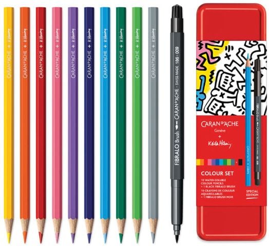 Комплект моливи Caran D'Ache - Keith Haring, 10 цвята и маркер Fibralo