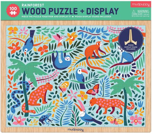 Дървен пъзел с дисплей Mudpuppy - Дъждовна гора, 100 части