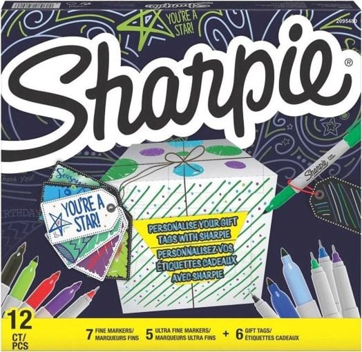 Комплект перманентни маркери Sharpie, 12 броя + 6 етикета
