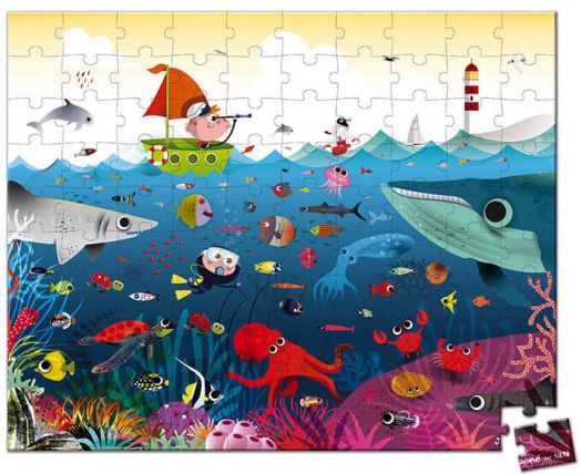 Детски пъзел в куфарче Janod - Подводен свят, 100 части