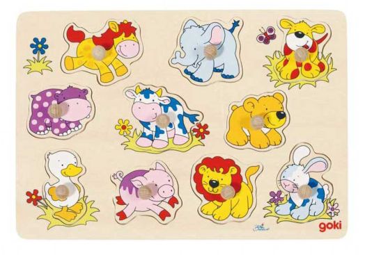 Образователен детски дървен пъзел Goki,  бебета животни