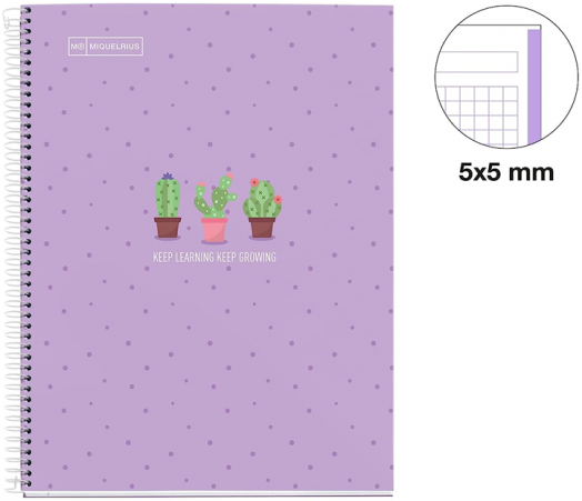 Тетрадка Miquelrius Cactus A4 със спирала, 80 листа, малки квадратчета, лавандула