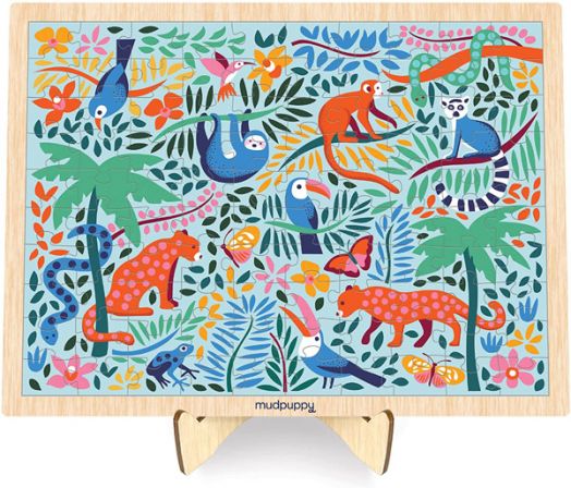 Дървен пъзел с дисплей Mudpuppy - Дъждовна гора, 100 части