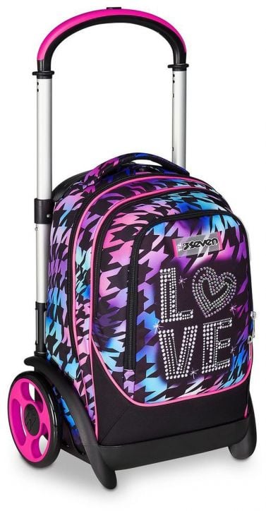 Ученическа раница на колела Seven Detach Glow Love и телескопична дръжка