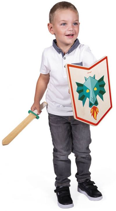 Детски комплект Janod - Дървени меч и щит, дракон