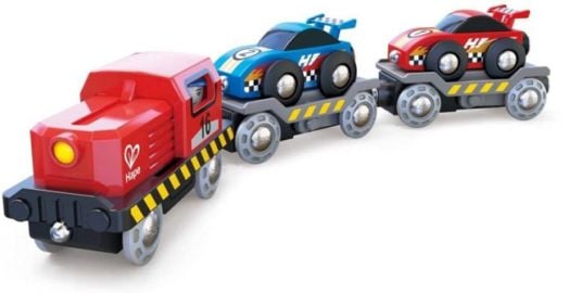 Дървена играчка Hape - Влакче с автовоз и 2 колички