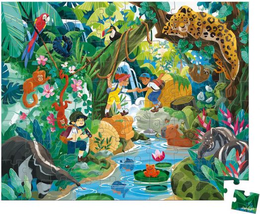 Детски пъзел в куфарче Janod - Приключения в джунглата, 100 части