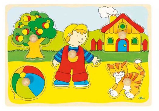 Образователен детски дървен пъзел Goki,  момче и коте