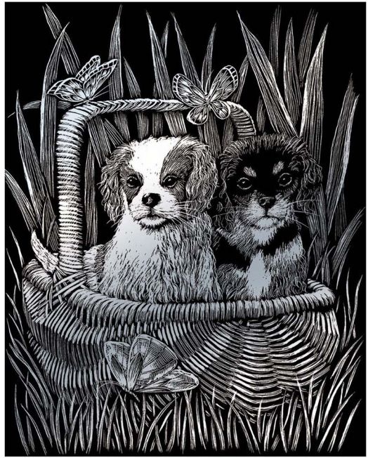 Комплект за гравиране Royal & Langnickel - Сребърна основа - кученца в кошница, 20 x 25 см.