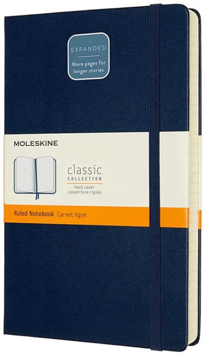 Класически тефтер Moleskine Expanded Sapphire Blue с твърди корици и линирани страници