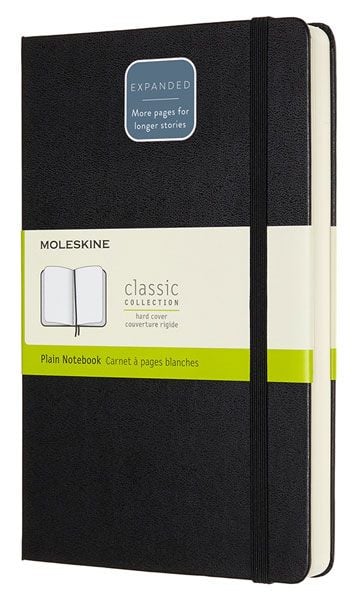 Черен тефтер Moleskine Classic Notebook Plain Expanded Version Black с твърди корици и бели нелинирани листа