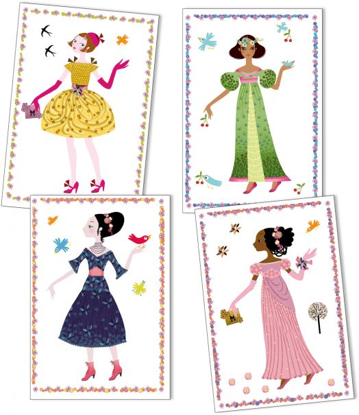 Творчески комплект със стикери Djeco - Облечи куклите според сезона