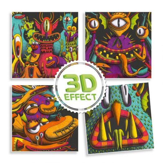 Комплект за рисуване Djeco - 3D картини Funny Freaks
