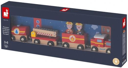 Дървена магнитна играчка Janod - Влак, пожарна команда