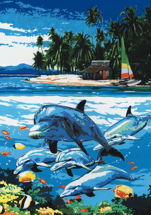 Комплект за лесно рисуване с акрилни бои върху платно Royal & Langnickel - Делфини