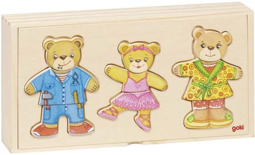 Детски пъзел Goki, мечки за обличане в дървена кутия