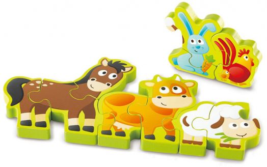 Двустранен дървен пъзел Hape - Числа и селскостопански животни