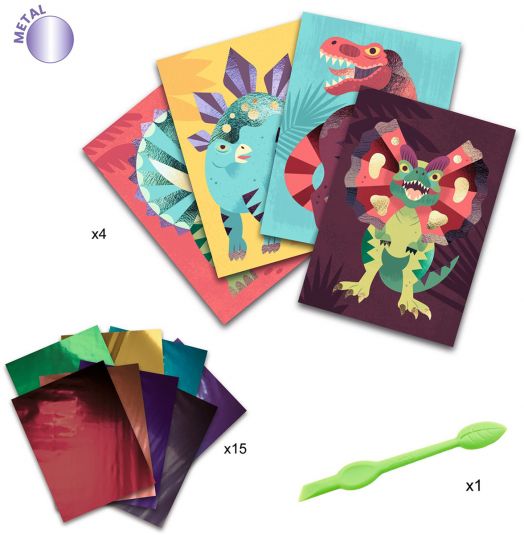 Креативен комплект Djeco: Направи картини с фолио, динозаври