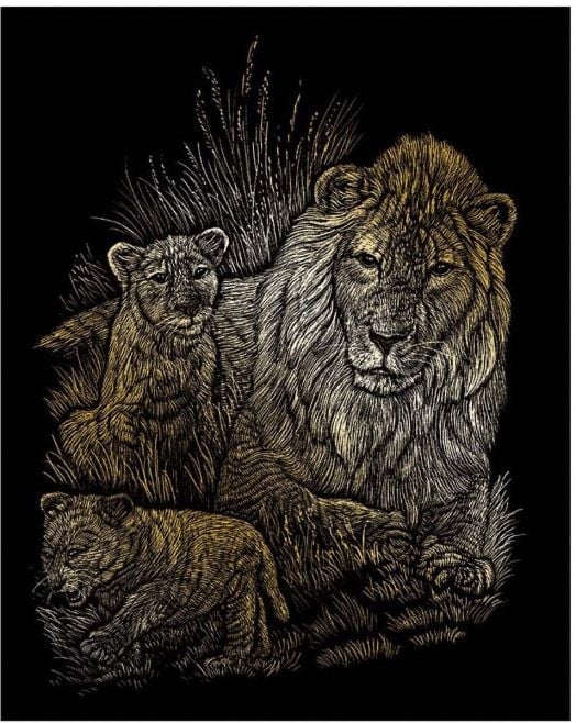 Комплект за гравиране Royal & Langnickel - Златна основа - лъвица и лъвчета, 20 х 25 см.