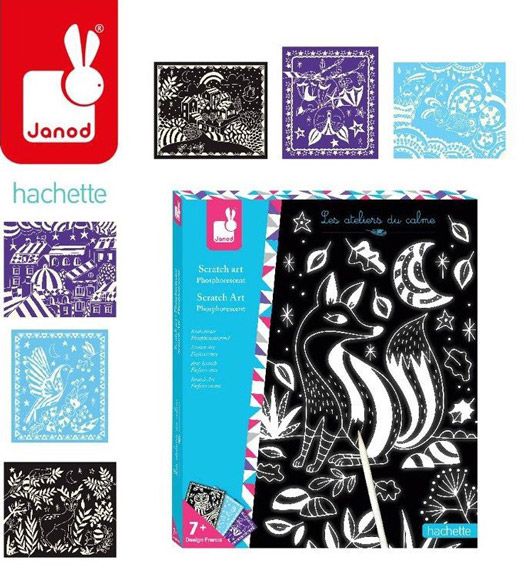 Креативен комплект Janod - Светещ в тъмното скреч арт с животни