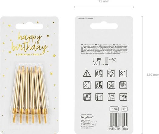 Свещи за рожден ден PartyDeco - Златни, 6 бр.