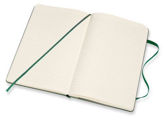 Голям лавровозелен тефтер Moleskine Classic Myrtle Green с твърди корици и листа на широки редове